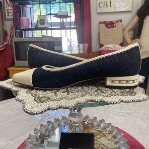 NWOT Chanel
Chanel Blue/Blue Leather and
Denim CC Cap Toe Ballet Flats